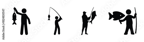 Fishermen silhouettes showing various catching actions