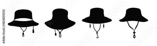 Vector illustration of four bucket hats with chin straps