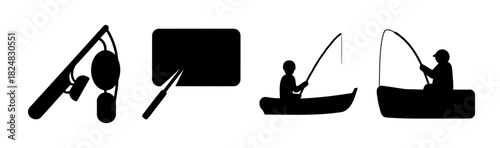 Fishing and cooking activity simple black silhouette icons