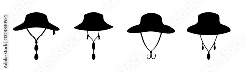 Silhouettes of fishing hats with chin straps set isolated