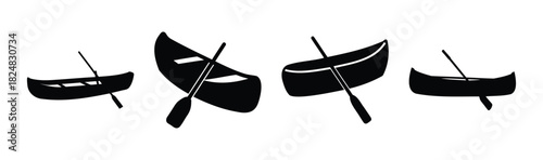 Black canoe and paddle icons set for water sports and fun