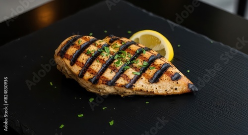 Grilled chicken breast with lemon on a black plate, garnished with parsley