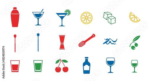 Assorted Cocktails and Bar Supplies: A vibrant collection of essential bar tools and refreshing cocktail ingredients, ready to mix and serve the perfect drink.