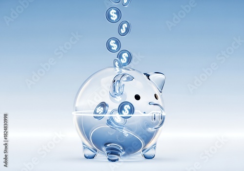 Transparent Piggy Bank Filling with Dollar Coins on a Blue Background.