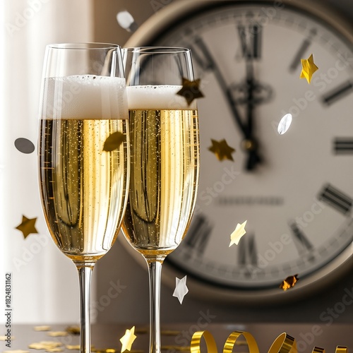 Two champagne flutes with confetti and a clock in the background.