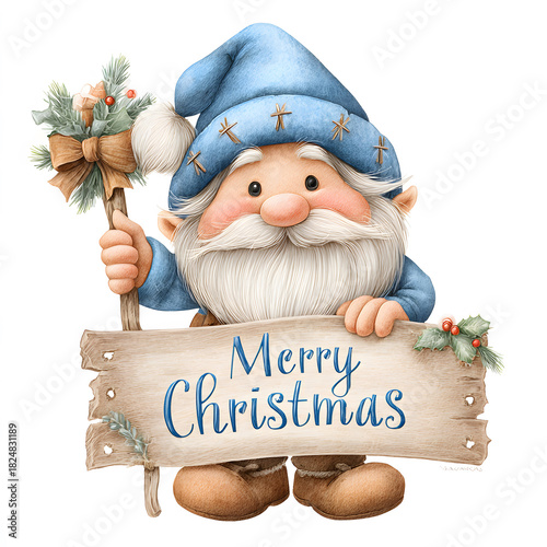 Cute Christmas gnome holding wooden Merry Christmas sign, festive winter illustration with holiday greenery, rustic decoration, cartoon character art for greeting cards, posters and seasonal design