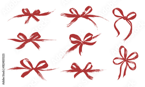 Vector set of red grunge ribbon bows with brush stroke texture on white background, hand drawn decorative elements for holiday design, gift wrapping, wedding