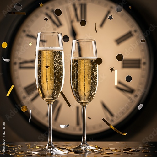 Two champagne glasses with confetti in front of a clock, celebrating New Years Eve.