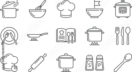 Cooking, Kitchenware, and Culinary Line Icons Set, Including Chef Hat, Pot, Pan, Utensils, Recipe Book, Mixer, Salt and Pepper Shakers, and Slow Cooker 