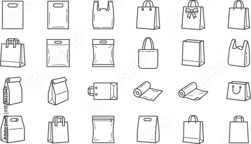 Packaging, Bags, and Retail Shopping Line Icons Set, Including Paper Bag, Plastic Bag, Tote Bag, Gift Wrap, Zipper Lock Pouch, and Sack Symbols, Flat Vector Illustration