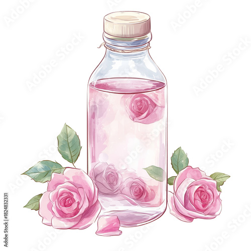 Pink Roses in Glass Bottle With Floating Petals on White Background