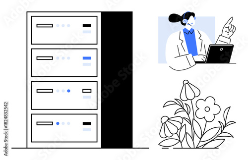 Server racks and customer support agent with laptop discussing sustainable technology practices, complemented by blooming flowers. Ideal for data, IT, sustainability, environment, remote work