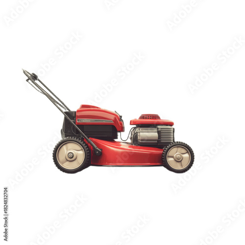 A red lawn mower with a black handle
