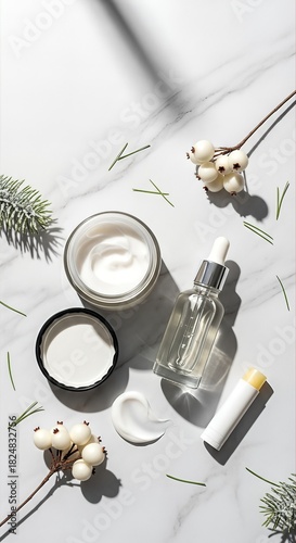 Winter Skincare Routine with Natural Cosmetics and Festive Decorations.