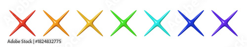 Rainbow 3D star shapes with bright shine and smooth glossy surfaces. Each 3D star element sparkles with vivid color, perfect for UI icons, stickers, mobile games and decorative graphics