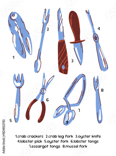 Large set of cutlery utensils for seafood, knives, tongs, forks and picks for crab, lobster, mussels