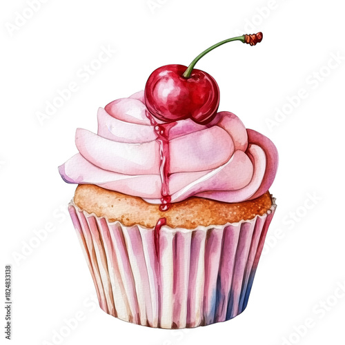 Delicious Cupcake Topped With Pink Frosting and Cherries on a White Background