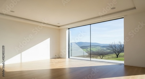 Bright empty room with large window overlooking green landscape on sunny day