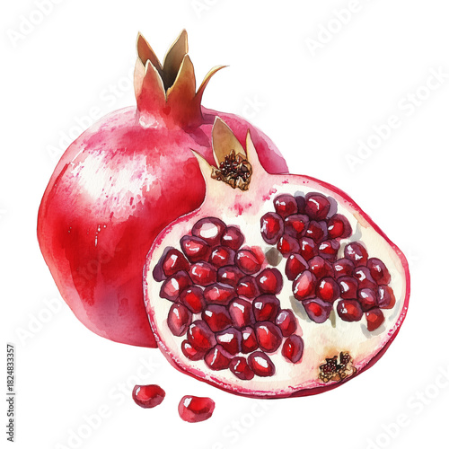 Pomegranate Sliced Open Revealing Juicy Seeds, Vibrant Red Fruit on White Bac...