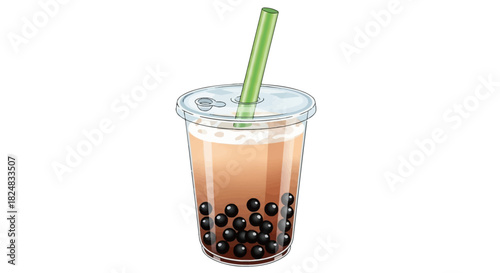 A clear plastic cup of bubble tea with a green straw, containing brown drink and black boba, on a plain white background, conveying a casual food and beverages mood.