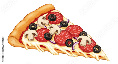 A slice of pizza with melted cheese, pepperoni, mushrooms, and black olives on a clean white background, showcasing a variety of food and beverages.