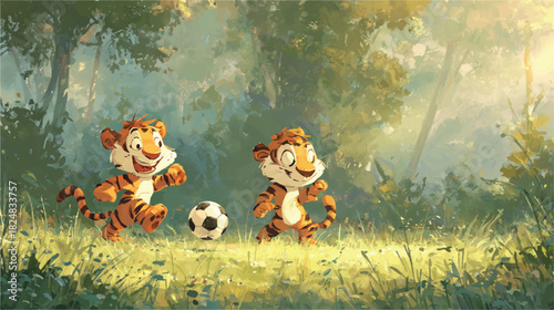 Two playful tiger cubs playing soccer in a sunny forest clearing