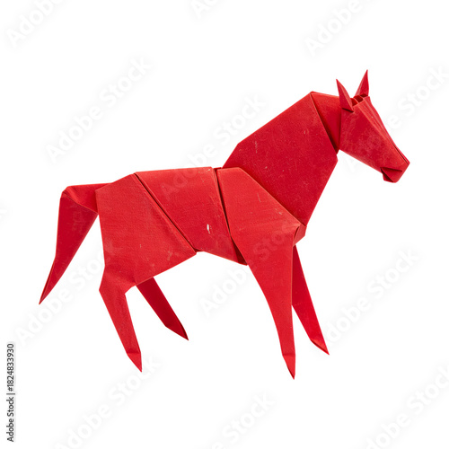 Colorful Red Origami Horse Model Created From Folded Paper for Artistic Display