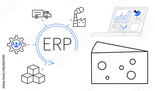 ERP surrounded by logistics truck, factory, analytics dashboard, gear with team, cubes, and cheese block. Ideal for resource planning, supply chain, inventory production data management