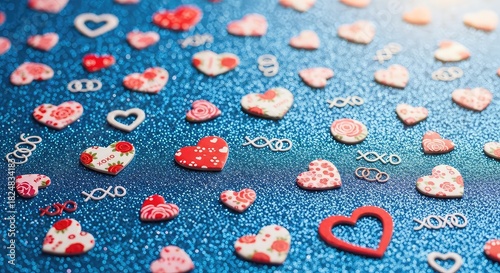 Heart shaped confetti on blue glitter background for valentines day