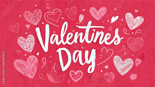 Valentines Day handwritten greeting on pink wood background with hearts