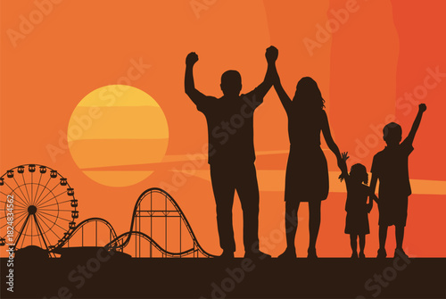 Family enjoying amusement park, sunset silhouette scene, happy parents and children together, theme park rides background, joyful vacation moment illustration