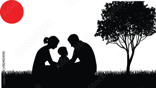 Family sitting together outdoors, peaceful parent and child moment, silhouette under tree, nature relaxation scene, bonding illustration with warm red sun