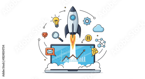 Flat design illustration of a rocket launching from a laptop with various business and technology icons floating around it on a white background.