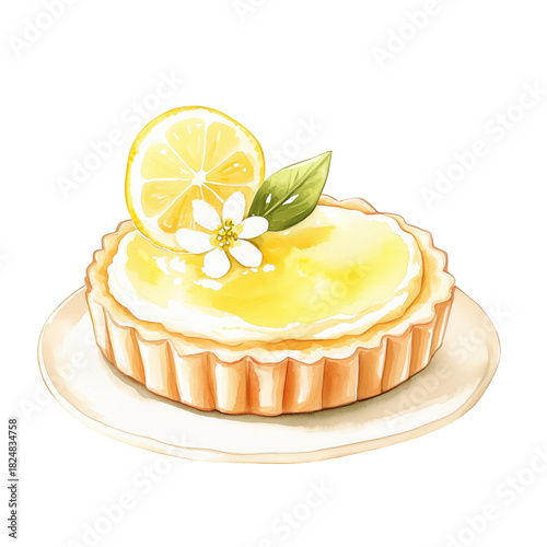 Fresh Lemon Tart With a Slice of Lemon and a Flower on a Plate