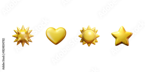 Golden Shape Icon Set. 3D yellow symbols including spiked star, smooth heart, sunburst medallion and classic star in metallic yellow shine, glossy luxury style, reward and premium design elements, iso