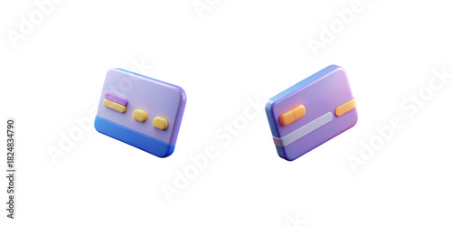 Credit Card Icons. 3D purple and blue credit card with yellow chip and glossy plastic texture, digital payment and online banking symbol, isolated icon
