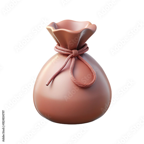 Money Bag Icon. Tied money bag in soft brown fabric texture with glossy highlights, classic wealth and cash storage symbol, isolated, no background