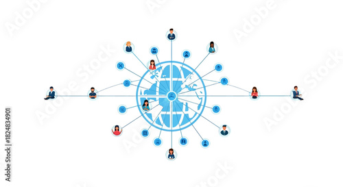 Illustration of a blue globe with people icons connected by lines on a white background, representing global communication and technology.