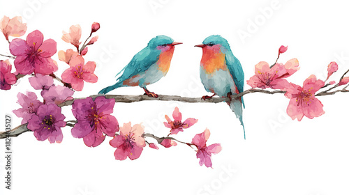 Watercolor birds perched on a blooming cherry blossom branch art