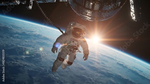 Astronaut in spacesuit performing an EVA above Earth, tethered to a spacecraft with a brilliant sun flare, symbolizing space exploration and discov...