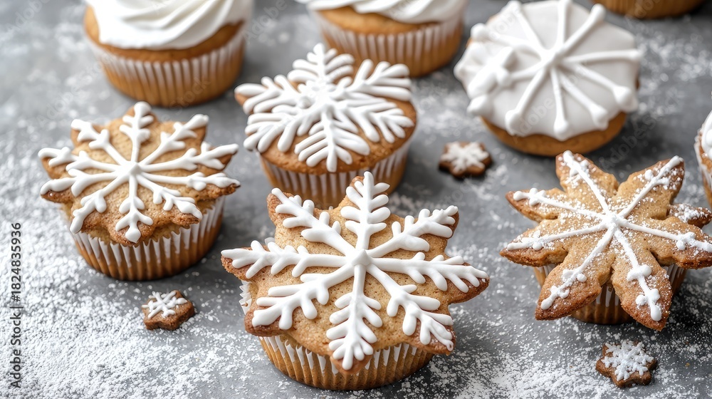 Fototapeta premium Cupcakes topped with creamy frosting and holiday decorations arranged on a table, surrounded by pine branches and spices