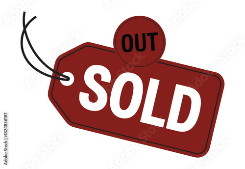 A red tag with the word SOLD and a small circular OUT tag is attached by two strings on a white background.