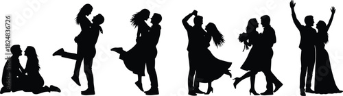Intimate loving relationship silhouettes set, illustrating couple bonding, wedding dance, happy celebration, engagement, and various stages of romantic partnership.