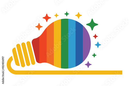 A rainbow-colored light bulb illuminates with colorful stars, representing innovation and diversity.