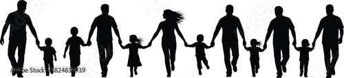 Large Group of Family Silhouettes Walking Together in a Line, Holding Hands, Representing Parenthood, Love, Unity, Childhood, and Strong Black-and-White Vector Bonds.