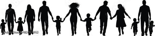 Continuous Line of Family Members Walking, Holding Hands, Representing Community, Extended Kinship, Generations, Love, Unity, and Strong Black-and-White Vector Silhouettes.
