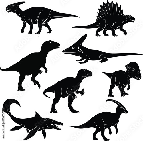 Silhouette collection of various dinosaur species on white background