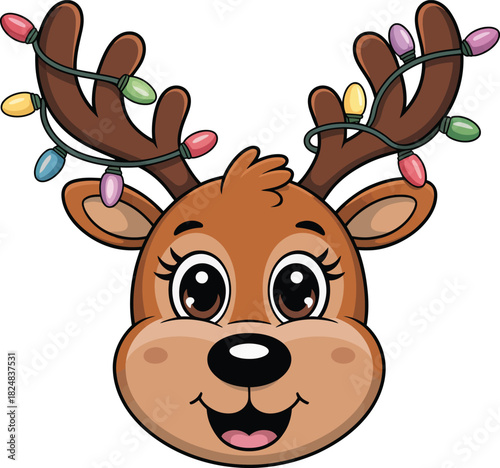 Festive cartoon reindeer head with glowing colorful christmas lights wrapped around its antlers, smiling happily for holiday cheer and winter celebrations
