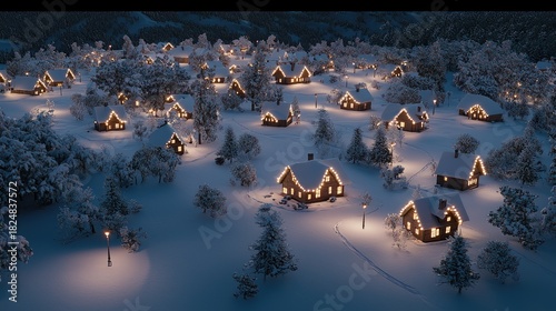 Twinkling lights illuminate a charming village nestled in snow at night, creating a magical holiday scene with festive cheer