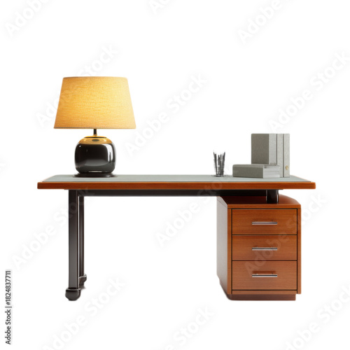 A desk with a lamp and a stack of books